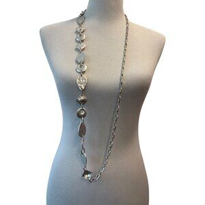 Chicos Long Silver-Tone Geometric Link Necklace With Unique Shapes 44”
